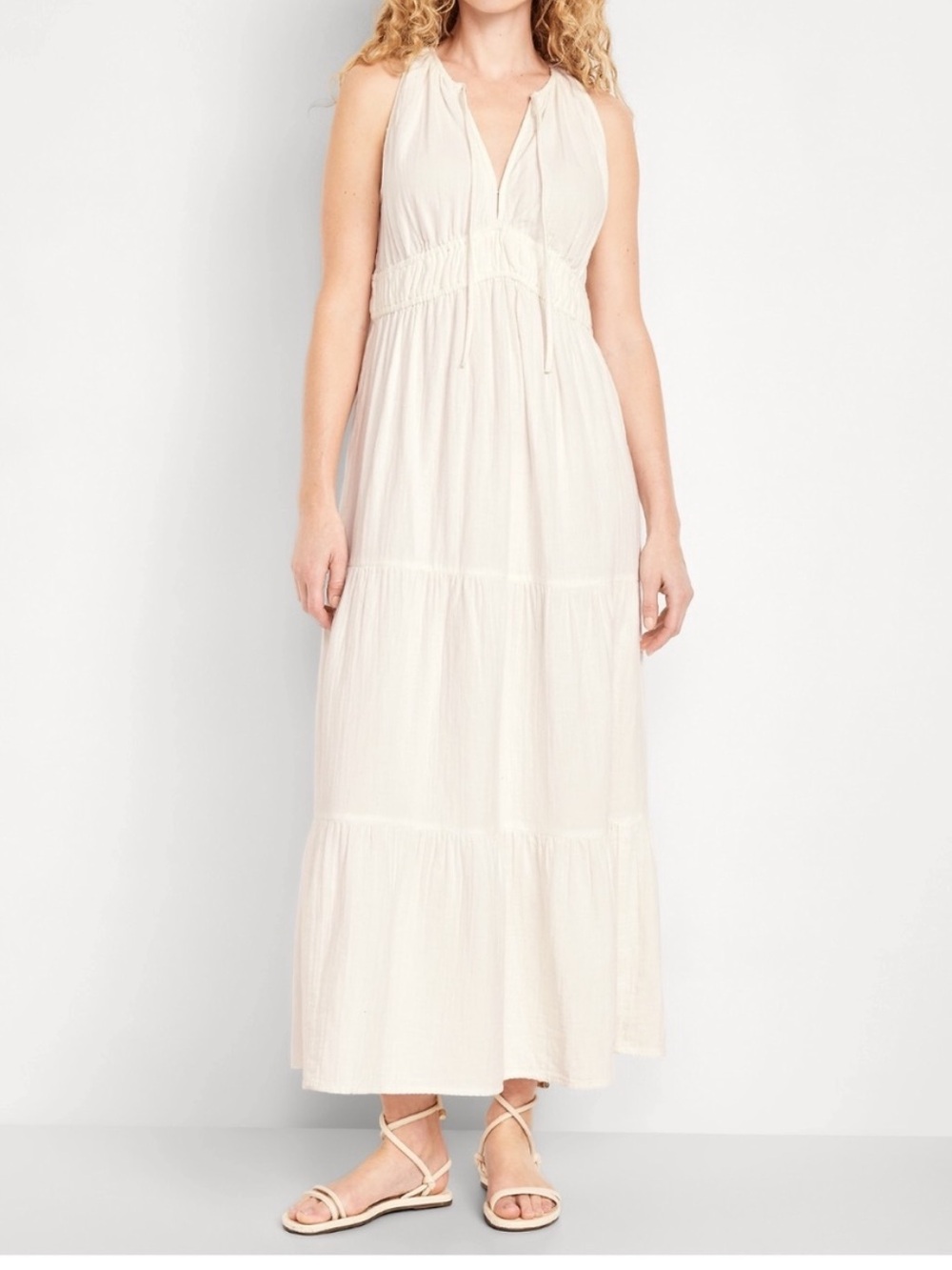 NWT Old Navy Fit & Flare Crinkle Gauze Maxi Dress Size Large Cream Cotton